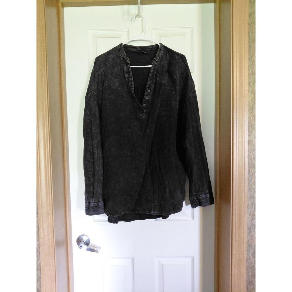 Dokotoo V Neck Button Front Top Womens Black Textured Gauze Long Sleeve Shirt